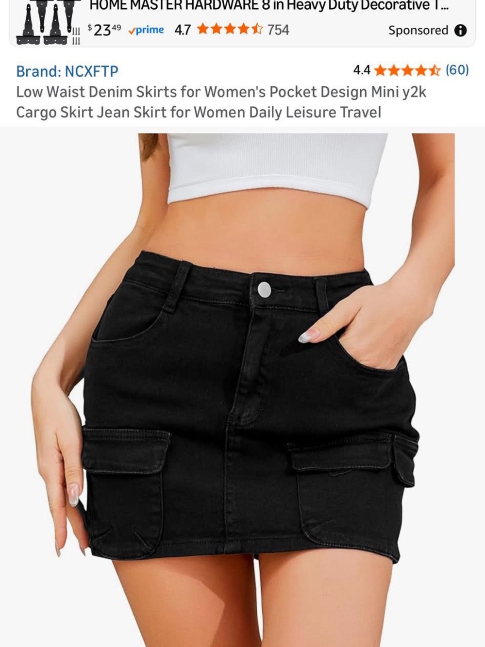 Low Waist Black Denim Cargo Mini Skirt
